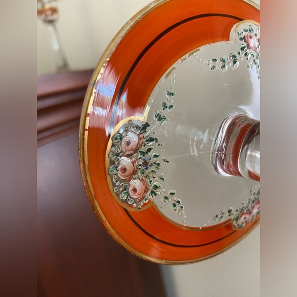 Vintage Set of 2 Candlesticks Clear w/ Hand painted Orange, Gold & Flowers - Picture 16 of 16